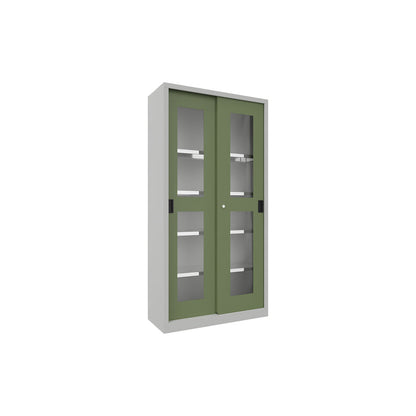 Sliding door cabinet, height 1950 mm, glazed doors, WxD 1000 x 400 mm, with 4 shelves, door reseda green.