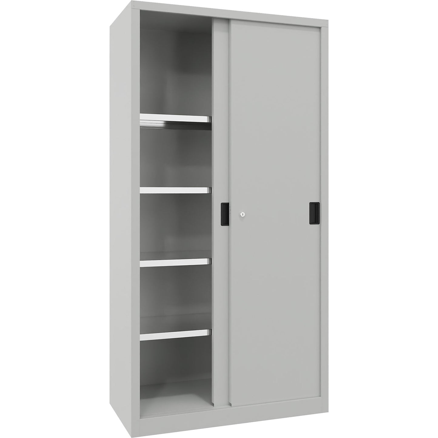 Sliding door cabinet, height 1950 mm, solid sheet metal doors, WxD 1000 x 500 mm, with 4 shelves, door light grey.