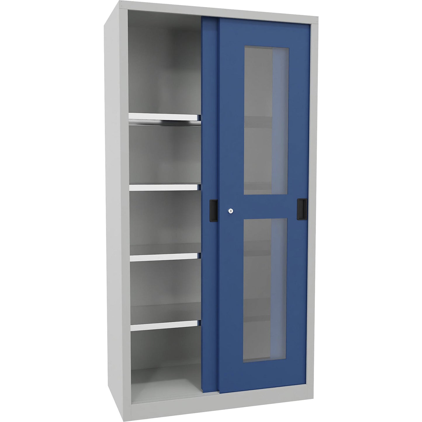 Sliding door cabinet, height 1950 mm, glazed doors, WxD 1000 x 500 mm, with 4 shelves, door gentian blue.