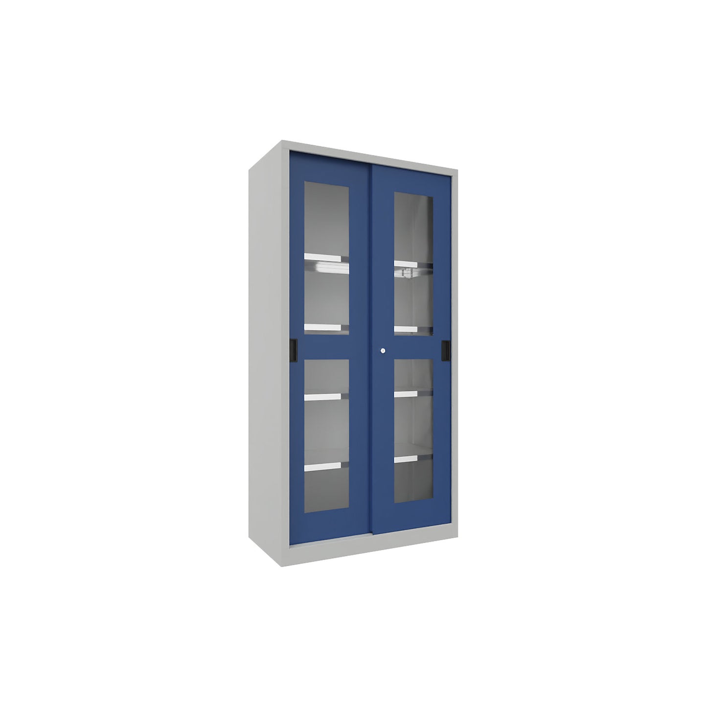 Sliding door cabinet, height 1950 mm, glazed doors, WxD 1000 x 500 mm, with 4 shelves, door gentian blue.