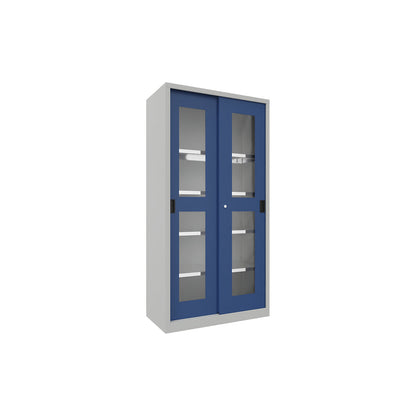 Sliding door cabinet, height 1950 mm, glazed doors, WxD 1000 x 500 mm, with 4 shelves, door gentian blue.