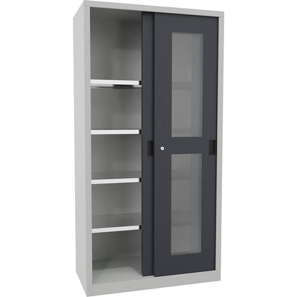 Sliding door cabinet, height 1950 mm, glazed doors, WxD 1000 x 500 mm, with 4 shelves, anthracite door.