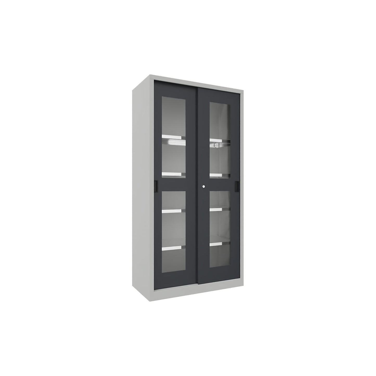 Sliding door cabinet, height 1950 mm, glazed doors, WxD 1000 x 500 mm, with 4 shelves, anthracite door.