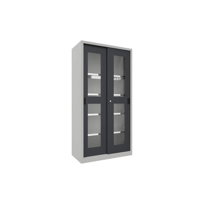 Sliding door cabinet, height 1950 mm, glazed doors, WxD 1000 x 500 mm, with 4 shelves, anthracite door.