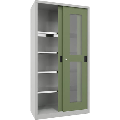 Sliding door cabinet, height 1950 mm, glazed doors, WxD 1000 x 500 mm, with 4 shelves, door reseda green.