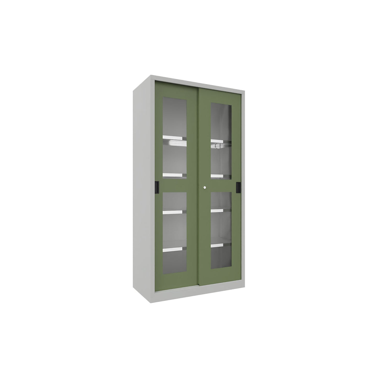 Sliding door cabinet, height 1950 mm, glazed doors, WxD 1000 x 500 mm, with 4 shelves, door reseda green.