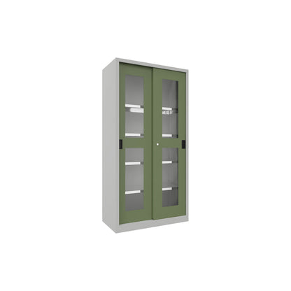 Sliding door cabinet, height 1950 mm, glazed doors, WxD 1000 x 500 mm, with 4 shelves, door reseda green.