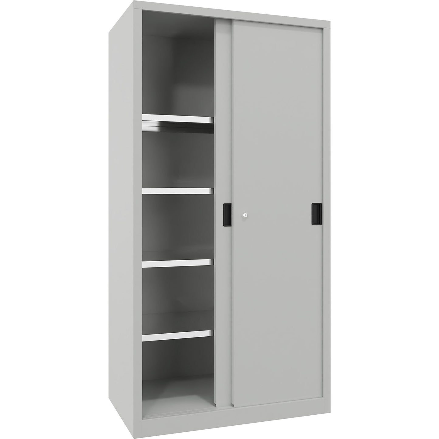 Sliding door cabinet, height 1950 mm, solid sheet metal doors, WxD 1000 x 600 mm, with 4 shelves, door light grey.