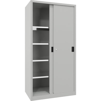 Sliding door cabinet, height 1950 mm, solid sheet metal doors, WxD 1000 x 600 mm, with 4 shelves, door light grey.