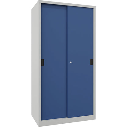 Sliding door cabinet, height 1950 mm, solid sheet metal doors, WxD 1000 x 600 mm, with 4 shelves, door gentian blue.