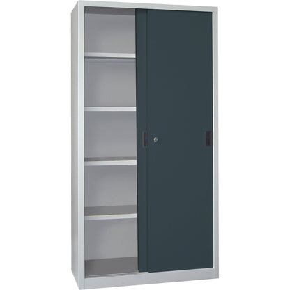 Sliding door cabinet, height 1950 mm, solid sheet metal doors, WxD 1000 x 600 mm, with 4 shelves, anthracite door.