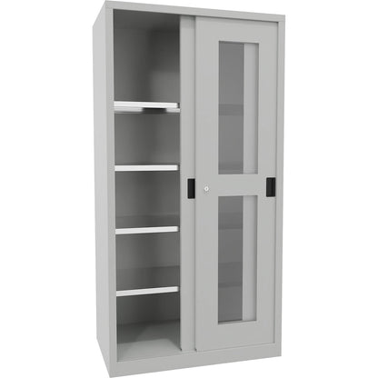 Sliding door cabinet, height 1950 mm, glazed doors, WxD 1000 x 600 mm, with 4 shelves, door light grey.