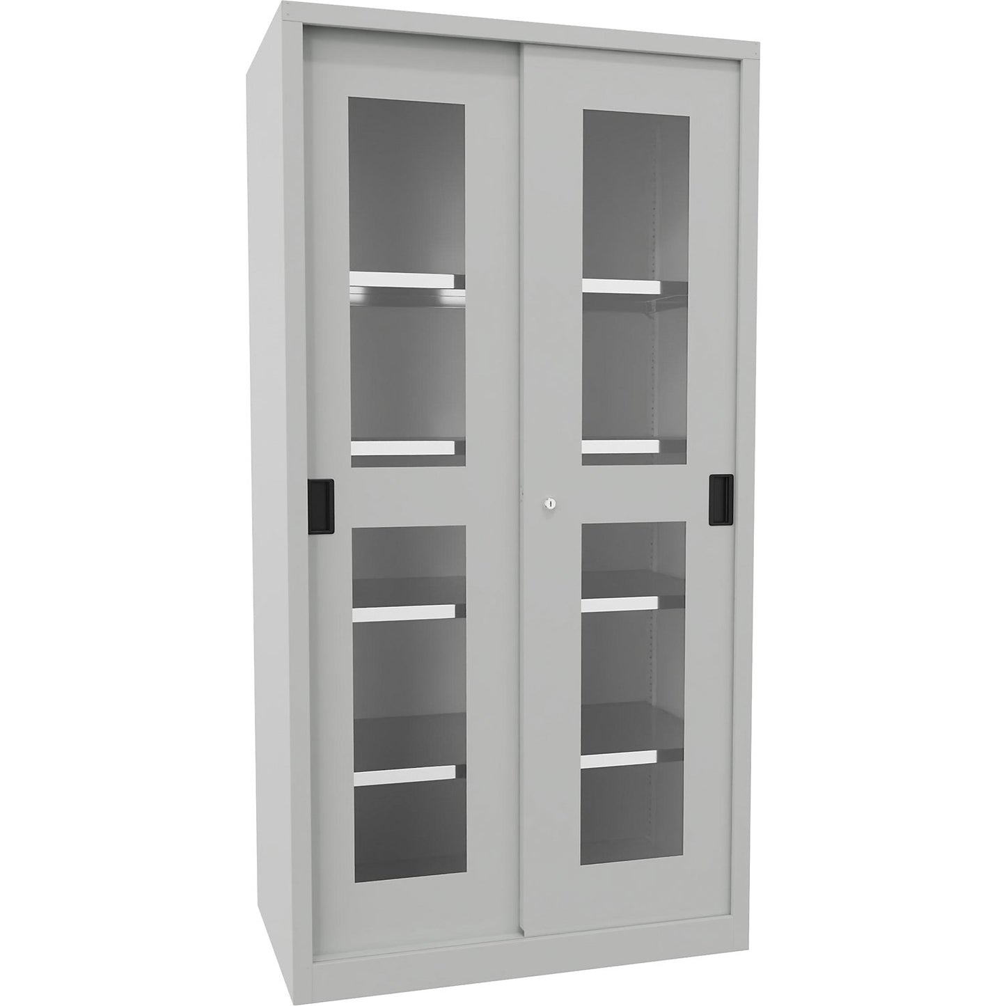 Sliding door cabinet, height 1950 mm, glazed doors, WxD 1000 x 600 mm, with 4 shelves, door light grey.