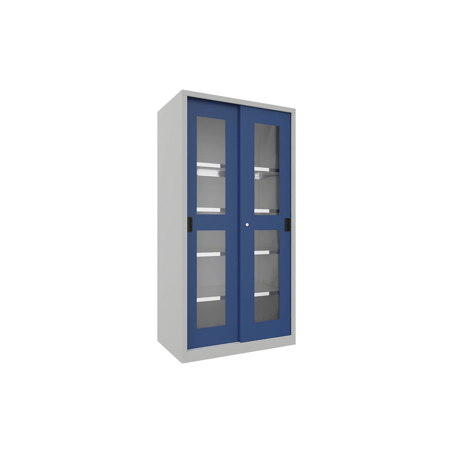 Sliding door cabinet, height 1950 mm, glazed doors, WxD 1000 x 600 mm, with 4 shelves, door gentian blue.