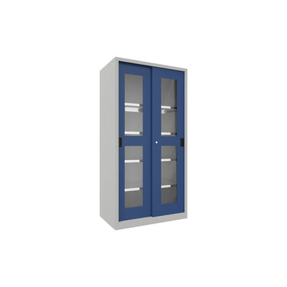Sliding door cabinet, height 1950 mm, glazed doors, WxD 1000 x 600 mm, with 4 shelves, door gentian blue.
