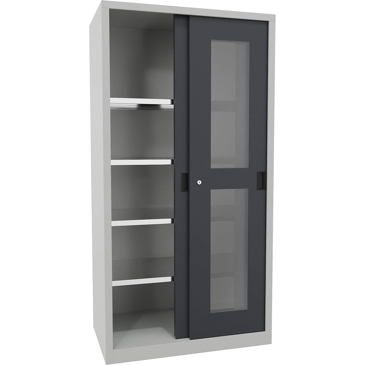 Sliding door cabinet, height 1950 mm, glazed doors, WxD 1000 x 600 mm, with 4 shelves, anthracite door.