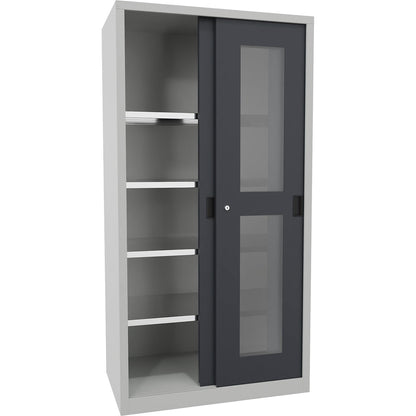 Sliding door cabinet, height 1950 mm, glazed doors, WxD 1000 x 600 mm, with 4 shelves, anthracite door.