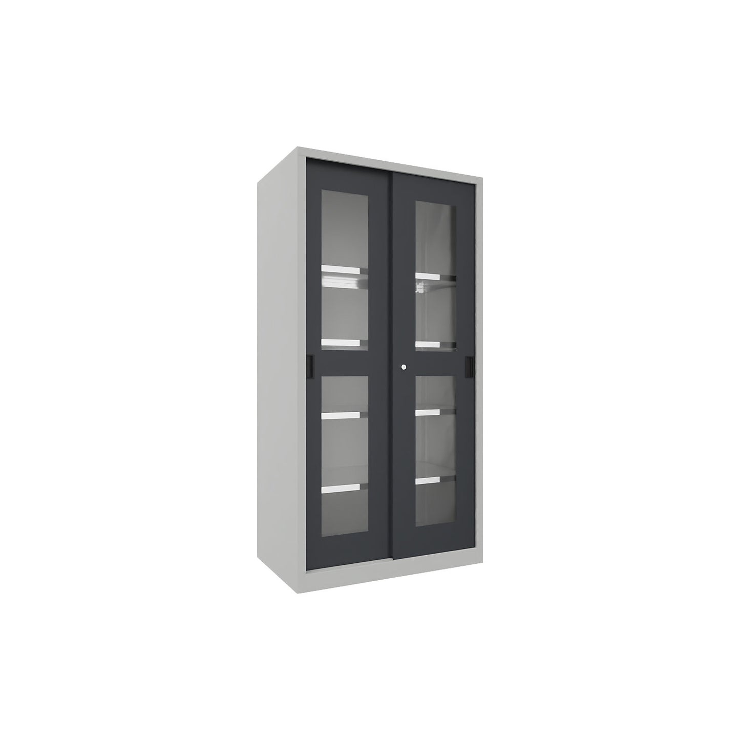 Sliding door cabinet, height 1950 mm, glazed doors, WxD 1000 x 600 mm, with 4 shelves, anthracite door.