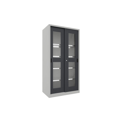 Sliding door cabinet, height 1950 mm, glazed doors, WxD 1000 x 600 mm, with 4 shelves, anthracite door.