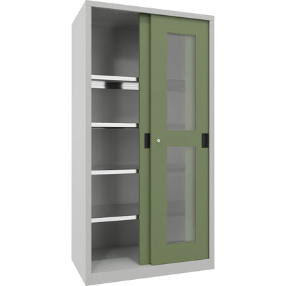 Sliding door cabinet, height 1950 mm, glazed doors, WxD 1000 x 600 mm, with 4 shelves, door reseda green.