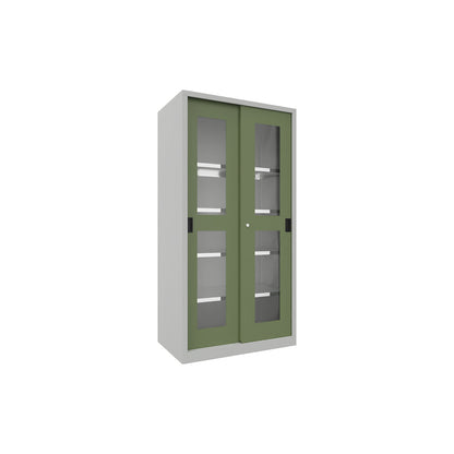 Sliding door cabinet, height 1950 mm, glazed doors, WxD 1000 x 600 mm, with 4 shelves, door reseda green.