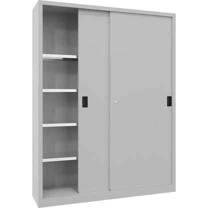Sliding door cabinet, height 1950 mm, solid sheet metal doors, WxD 1500 x 400 mm, with divider and 2 x 4 shelves, door light grey.