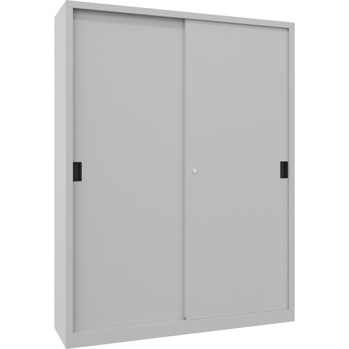 Sliding door cabinet, height 1950 mm, solid sheet metal doors, WxD 1500 x 400 mm, with divider and 2 x 4 shelves, door light grey.