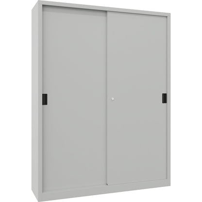 Sliding door cabinet, height 1950 mm, solid sheet metal doors, WxD 1500 x 400 mm, with divider and 2 x 4 shelves, door light grey.