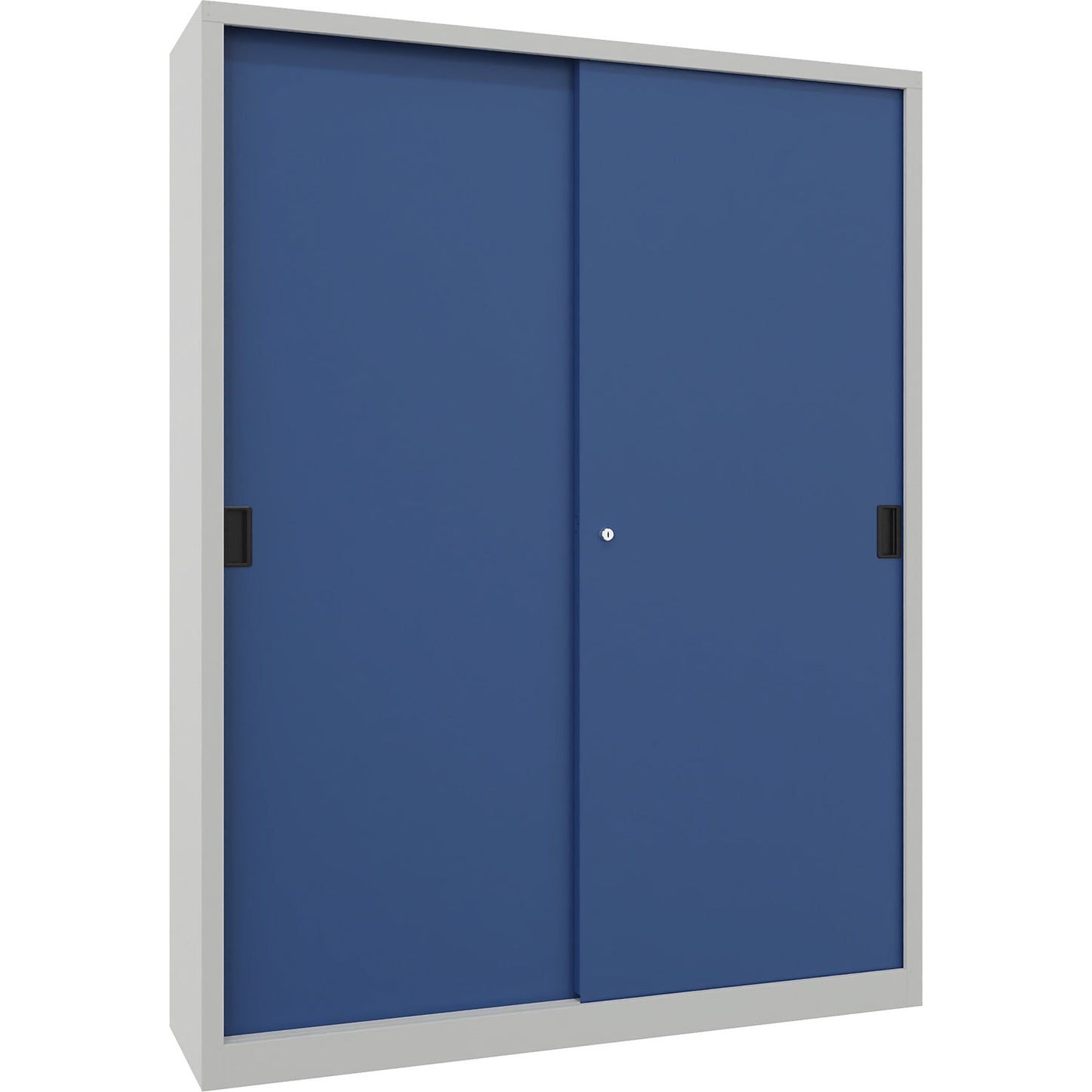 Sliding door cabinet, height 1950 mm, solid sheet metal doors, WxD 1500 x 400 mm, with divider and 2 x 4 shelves, door gentian blue.