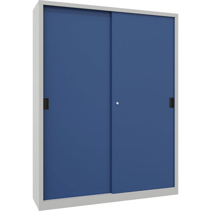 Sliding door cabinet, height 1950 mm, solid sheet metal doors, WxD 1500 x 400 mm, with divider and 2 x 4 shelves, door gentian blue.