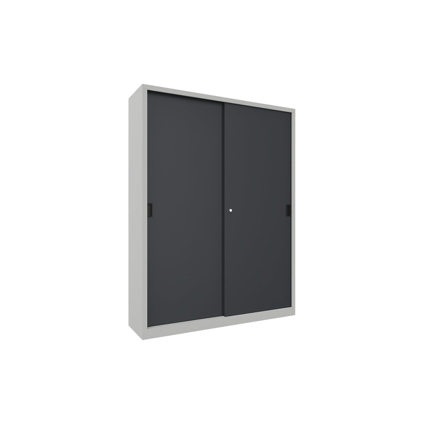 Sliding door cabinet, height 1950 mm, solid sheet metal doors, WxD 1500 x 400 mm, with divider and 2 x 4 shelves, anthracite door.