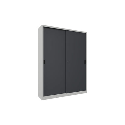 Sliding door cabinet, height 1950 mm, solid sheet metal doors, WxD 1500 x 400 mm, with divider and 2 x 4 shelves, anthracite door.