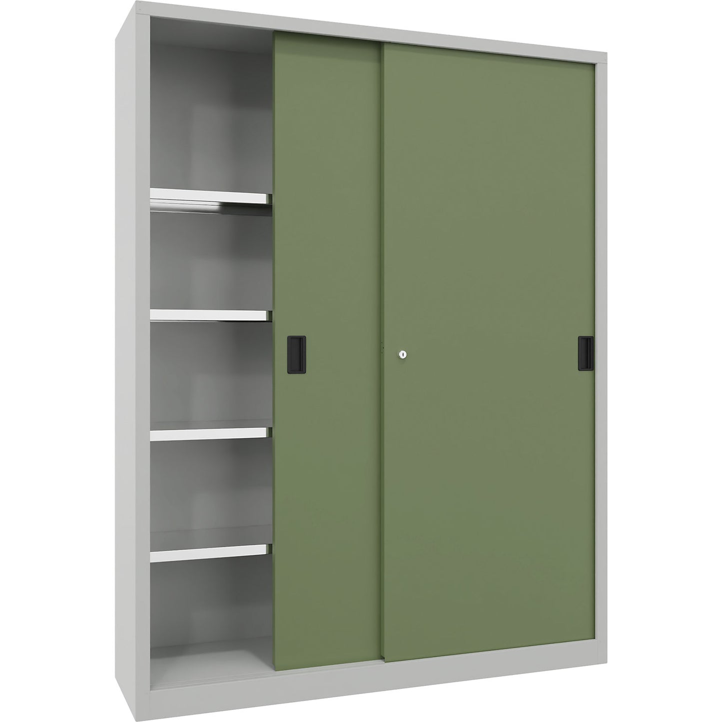 Sliding door cabinet, height 1950 mm, solid sheet metal doors, WxD 1500 x 400 mm, with divider and 2 x 4 shelves, door reseda green.