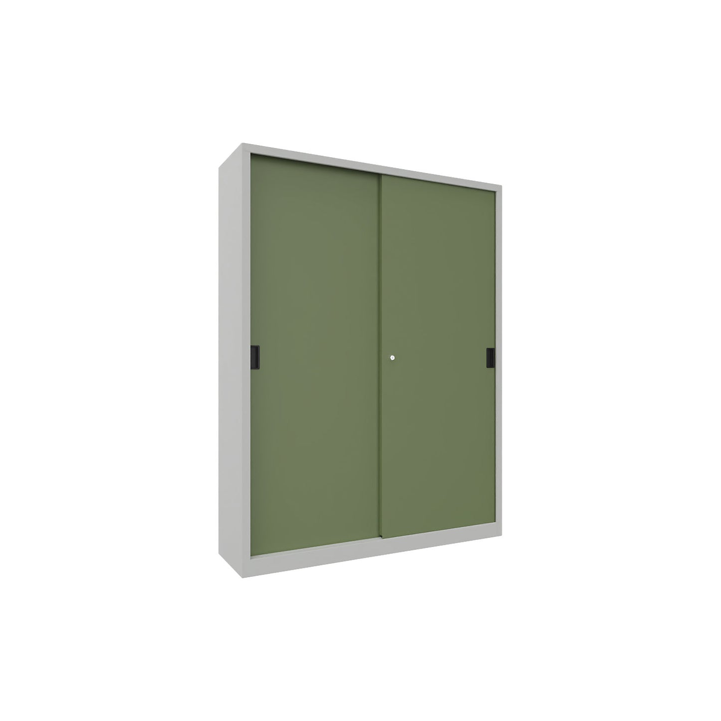 Sliding door cabinet, height 1950 mm, solid sheet metal doors, WxD 1500 x 400 mm, with divider and 2 x 4 shelves, door reseda green.