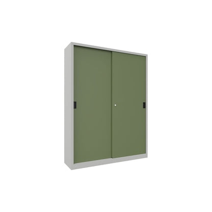 Sliding door cabinet, height 1950 mm, solid sheet metal doors, WxD 1500 x 400 mm, with divider and 2 x 4 shelves, door reseda green.