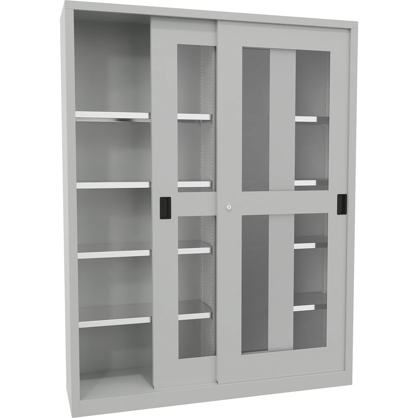 Sliding door cabinet, height 1950 mm, glazed doors, WxD 1500 x 400 mm, with divider and 2 x 4 shelves, door light grey.