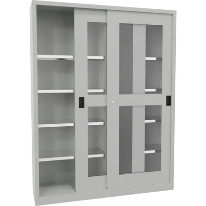 Sliding door cabinet, height 1950 mm, glazed doors, WxD 1500 x 400 mm, with divider and 2 x 4 shelves, door light grey.