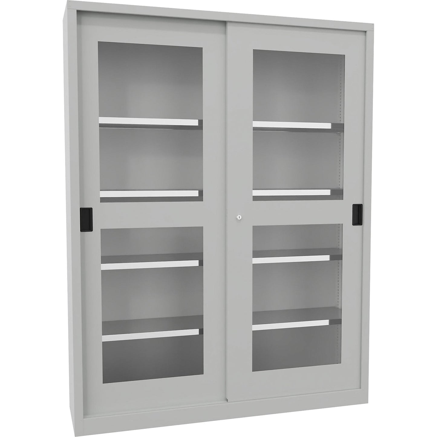 Sliding door cabinet, height 1950 mm, glazed doors, WxD 1500 x 400 mm, with divider and 2 x 4 shelves, door light grey.