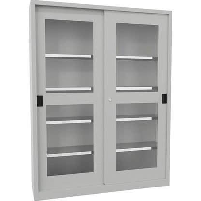 Sliding door cabinet, height 1950 mm, glazed doors, WxD 1500 x 400 mm, with divider and 2 x 4 shelves, door light grey.