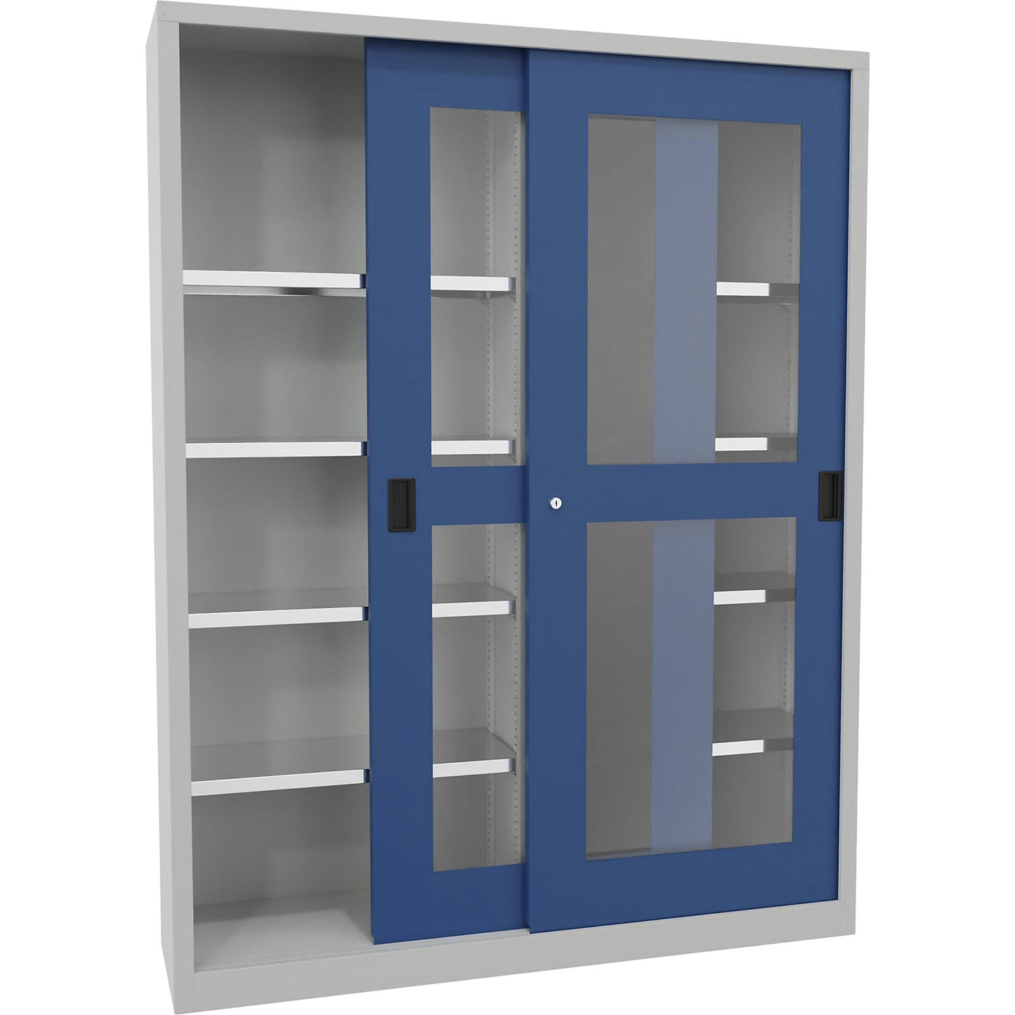 Sliding door cabinet, height 1950 mm, glazed doors, WxD 1500 x 400 mm, with divider and 2 x 4 shelves, door gentian blue.