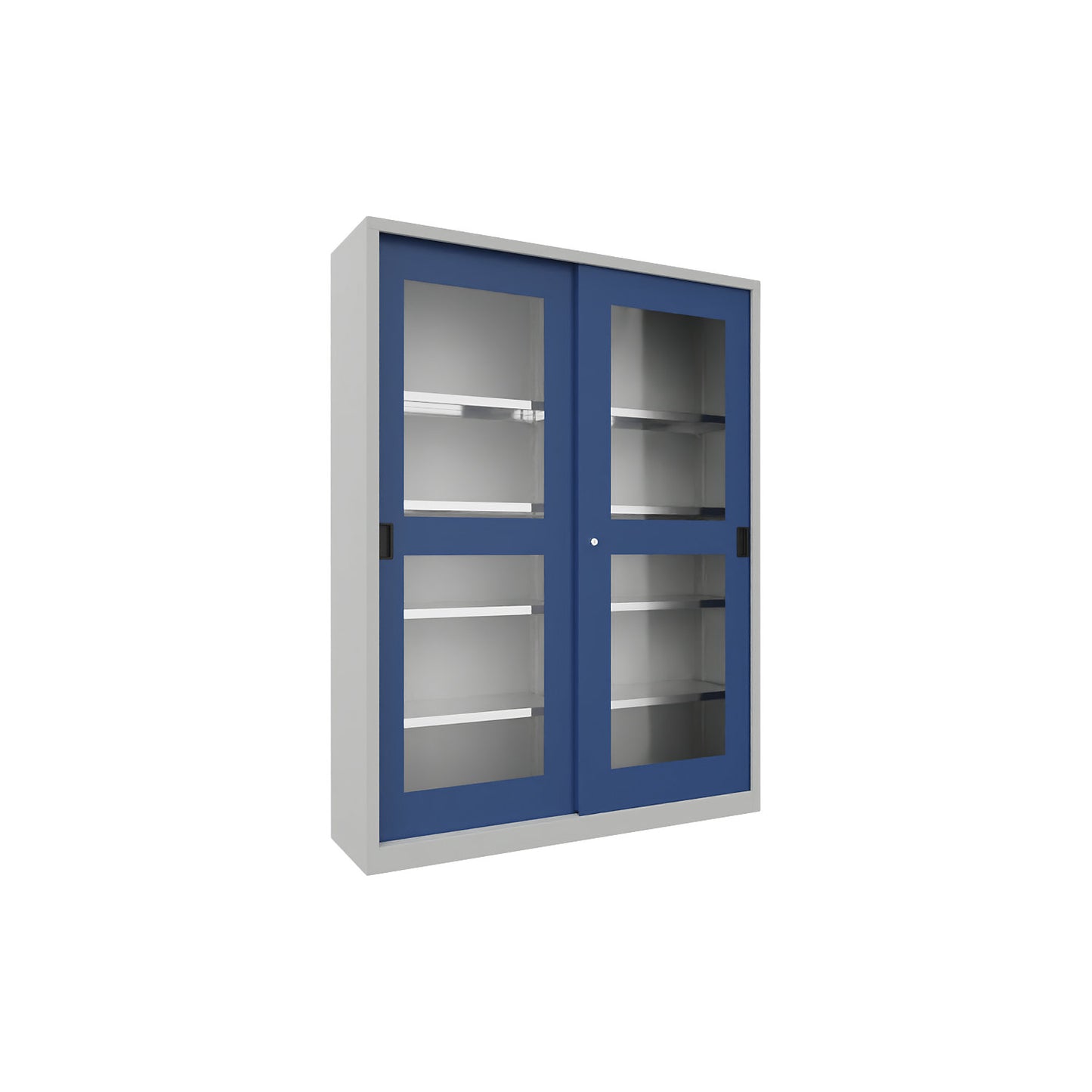 Sliding door cabinet, height 1950 mm, glazed doors, WxD 1500 x 400 mm, with divider and 2 x 4 shelves, door gentian blue.
