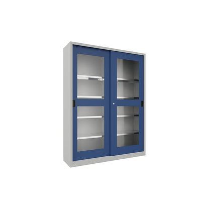 Sliding door cabinet, height 1950 mm, glazed doors, WxD 1500 x 400 mm, with divider and 2 x 4 shelves, door gentian blue.