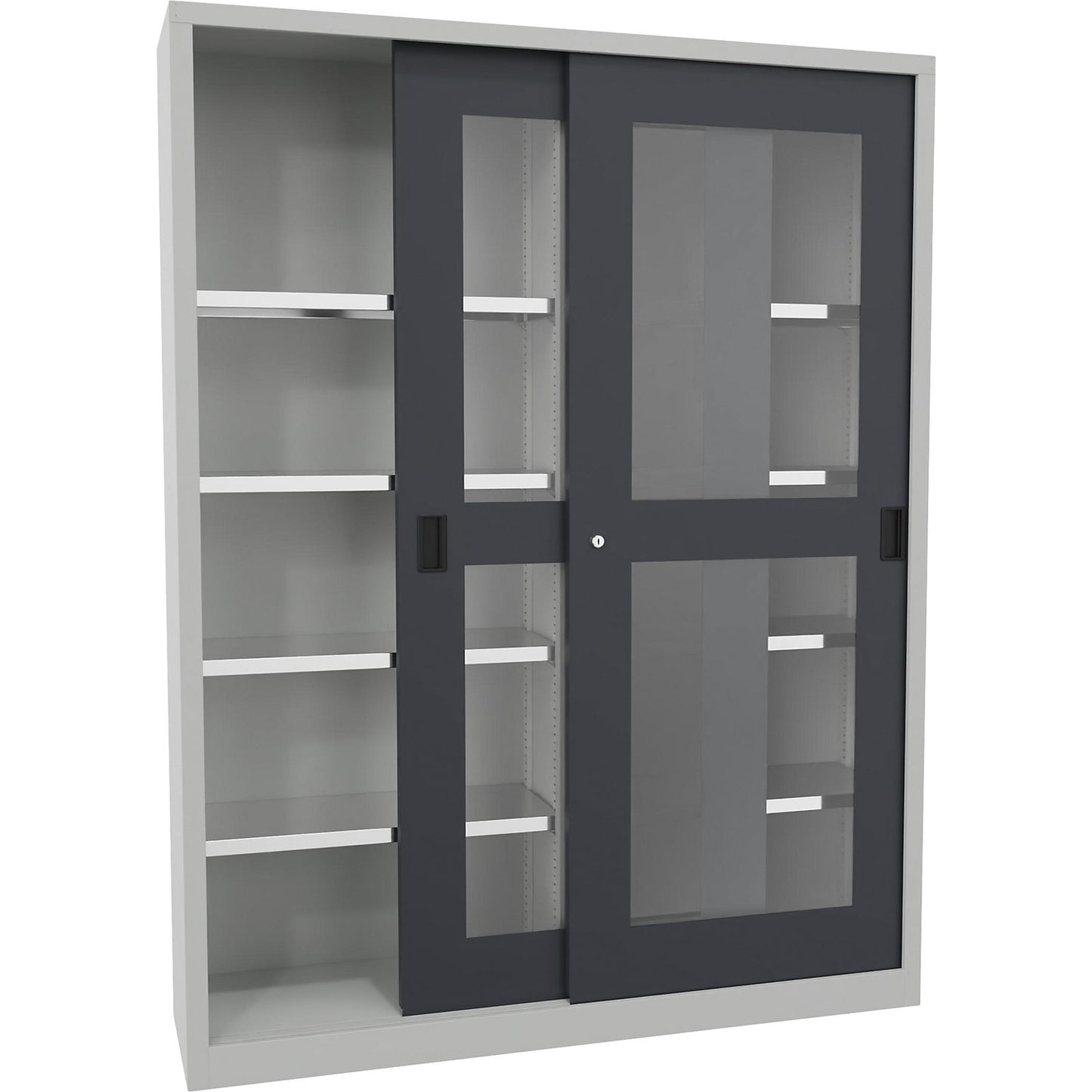 Sliding door cabinet, height 1950 mm, glazed doors, WxD 1500 x 400 mm, with divider and 2 x 4 shelves, anthracite door.