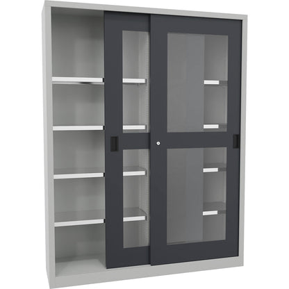 Sliding door cabinet, height 1950 mm, glazed doors, WxD 1500 x 400 mm, with divider and 2 x 4 shelves, anthracite door.