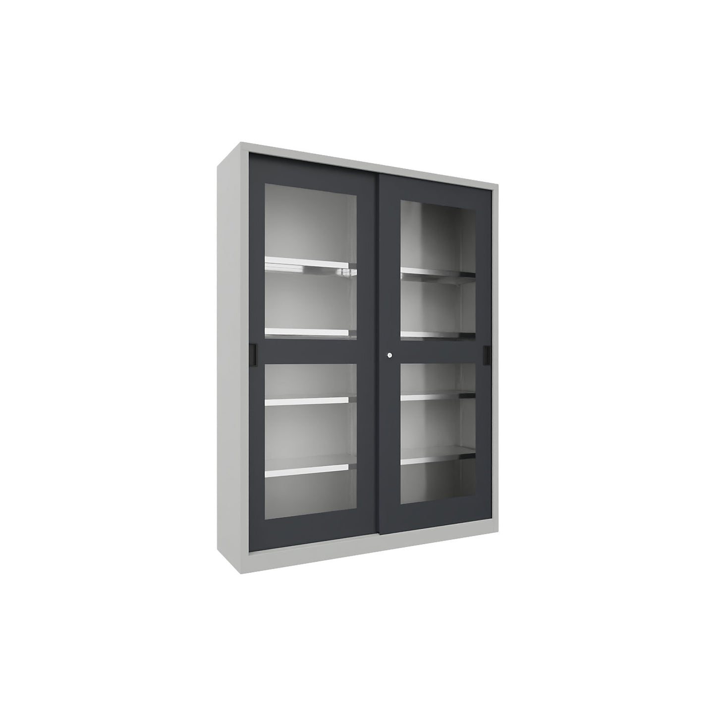 Sliding door cabinet, height 1950 mm, glazed doors, WxD 1500 x 400 mm, with divider and 2 x 4 shelves, anthracite door.