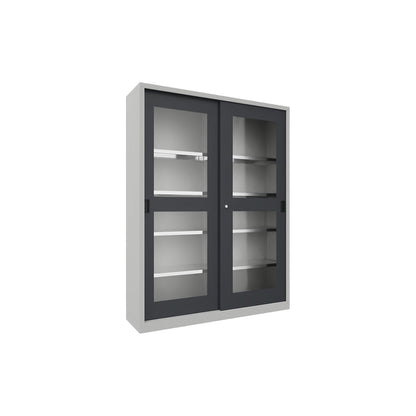 Sliding door cabinet, height 1950 mm, glazed doors, WxD 1500 x 400 mm, with divider and 2 x 4 shelves, anthracite door.