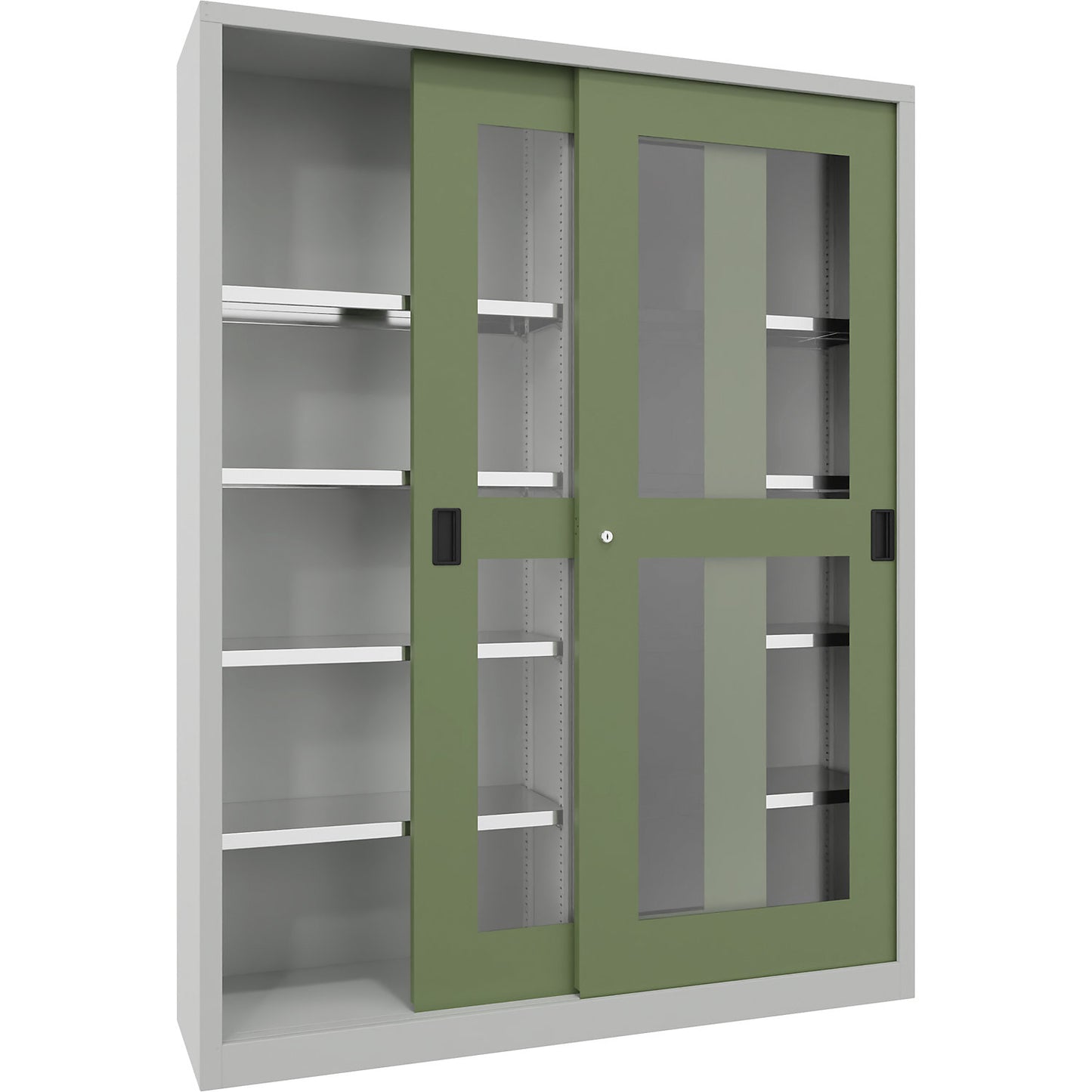 Sliding door cabinet, height 1950 mm, glazed doors, WxD 1500 x 400 mm, with divider and 2 x 4 shelves, door reseda green.