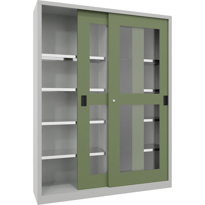 Sliding door cabinet, height 1950 mm, glazed doors, WxD 1500 x 400 mm, with divider and 2 x 4 shelves, door reseda green.