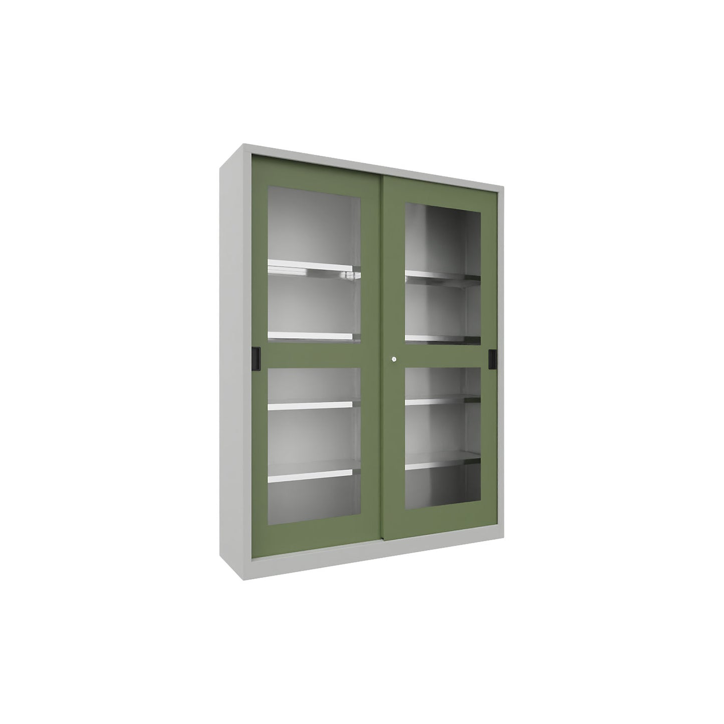 Sliding door cabinet, height 1950 mm, glazed doors, WxD 1500 x 400 mm, with divider and 2 x 4 shelves, door reseda green.