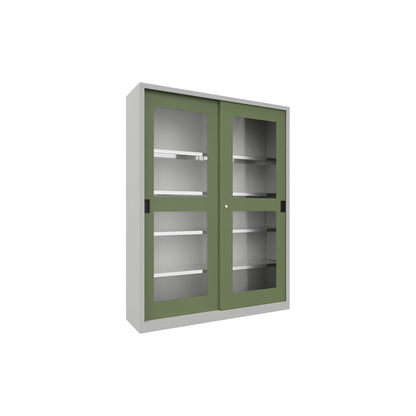 Sliding door cabinet, height 1950 mm, glazed doors, WxD 1500 x 400 mm, with divider and 2 x 4 shelves, door reseda green.